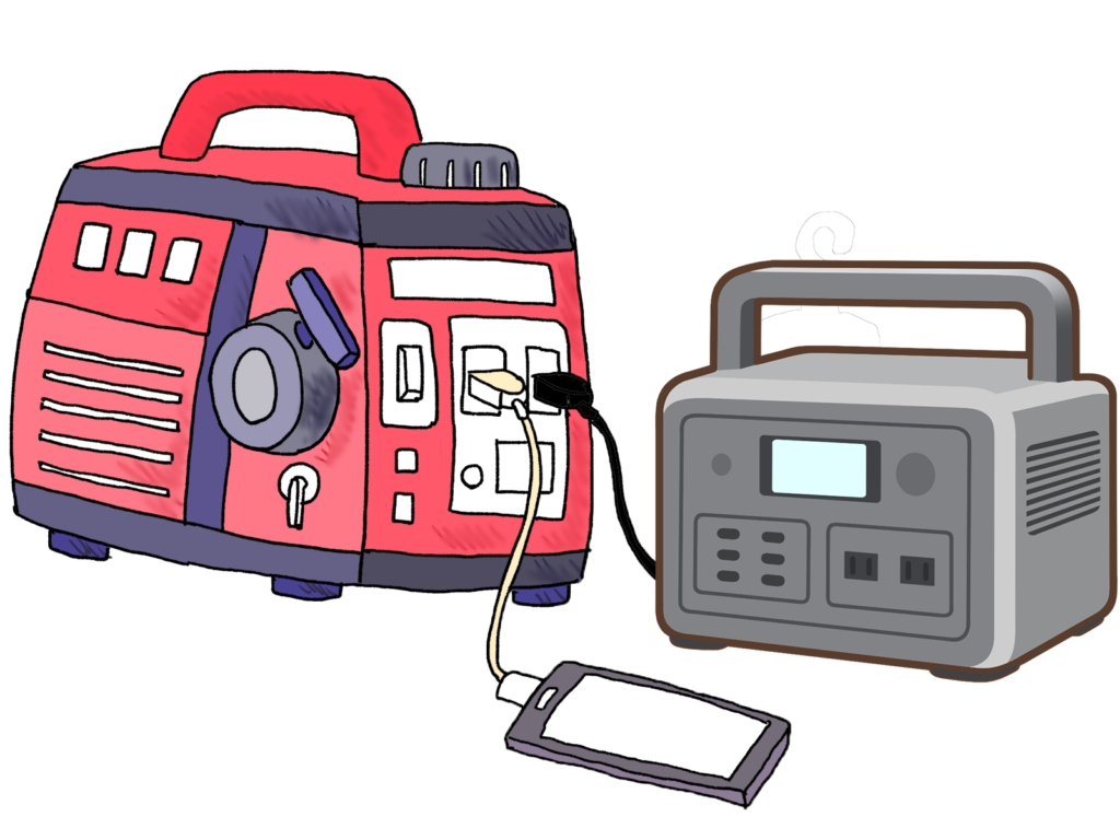 エンジン発電機によるポータブル電源の充電