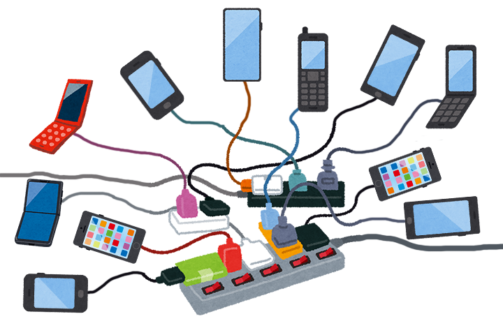 数多くの携帯の充電、混雑イメージ